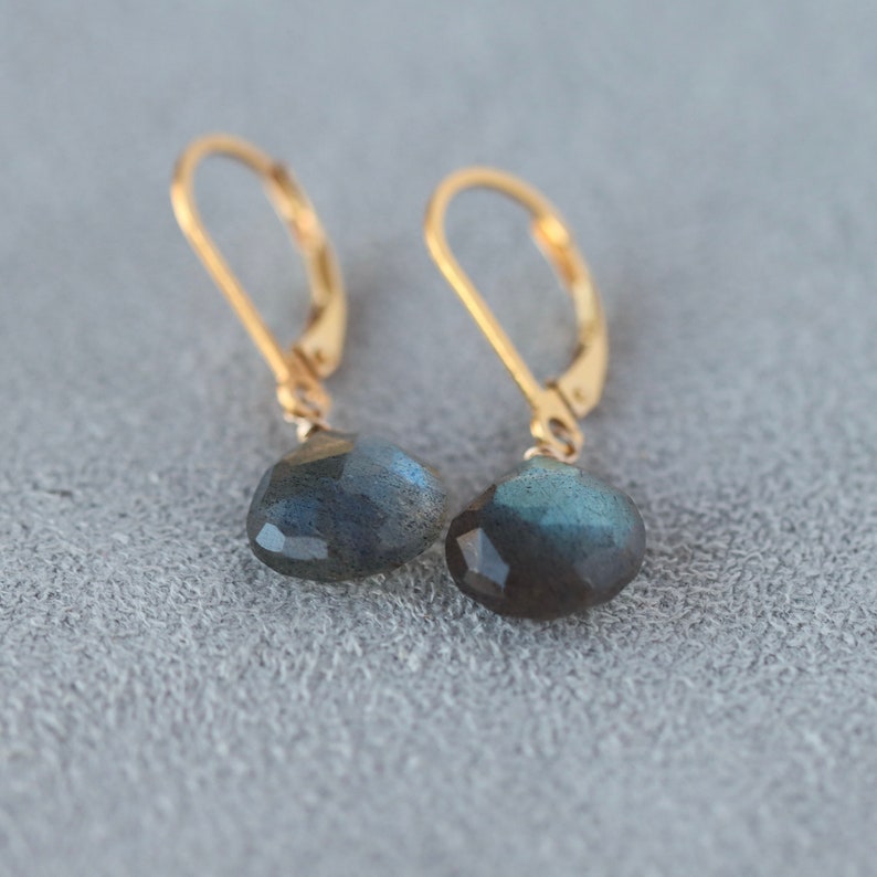 Labradorite Drop Earrings, Gray Gemstones with Blue Green Flash on Gold Filled Lever Back Closure, Sparkly Lightweight Earrings image 5