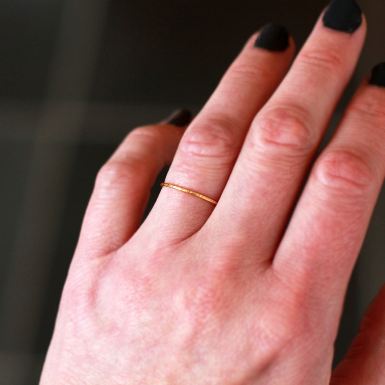18k Yellow Gold Stacking Ring, Skinny Hammered Gold Ring, High Karat Recycled Gold, Slim Wedding Band image 3