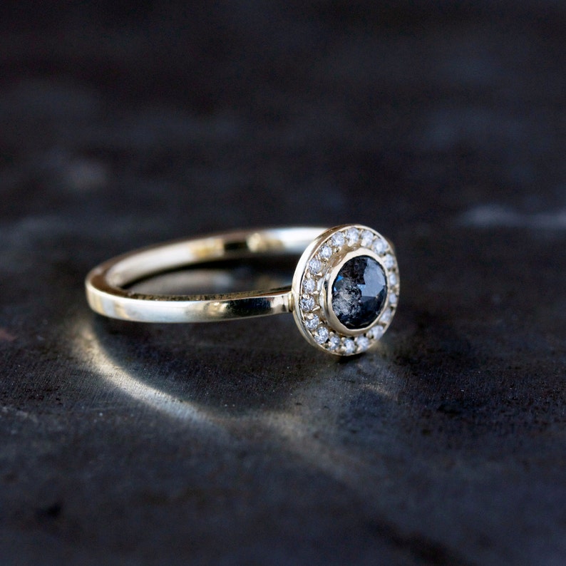 Rose Cut Diamond Halo Ring, Salt and Pepper Diamond Solid 14k Gold Band, White Diamond Halo image 5