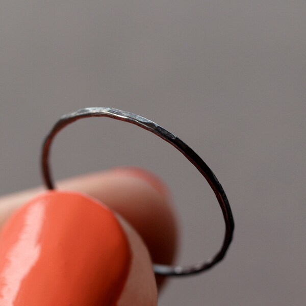 Thin Black Ring, Black Stacking Ring, Slim Sterling Silver Band, Hammered Silver Ring, Oxidized Black Silver, Delicate Black Ring