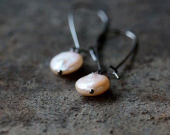 Freshwater Pearl Earrings, Rustic Natural Ivory Pearls, Lightweight Dangle June Birthstone Earrings, Gunmetal Black Ear Wires