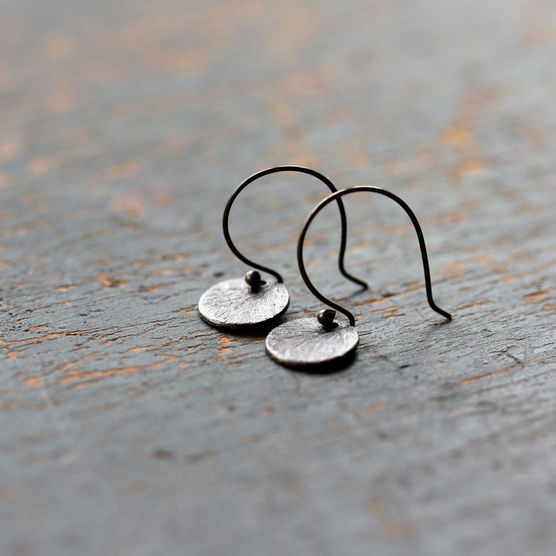 Black Disc Earrings, Oxidized Black Silver Mini Circle Earrings, Black Circle Drops, Petite Earrings image 3