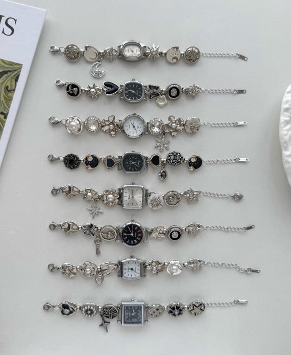 Punk Silver Charm Watch Bracelet,Black White Dial Timepiece Jewelry,Handmade Retro Aesthetic Wristwatch,Gothic Gift  Idea for Women