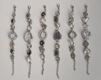 Punk Silver Charm Watch Bracelet,Heart&Pearl Charms Wristwatch,Gothic Street Style Layered Timepiece,Unique Fashion Gift
