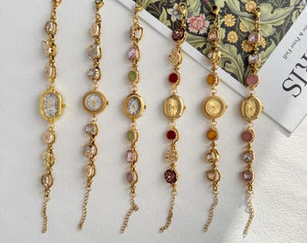 Romantic Vintage Gold Watch Bracelet, Multicolor Gemstone Jewelry Watch, Small Dial Feminine Wristwatch, Unique Gift for Her