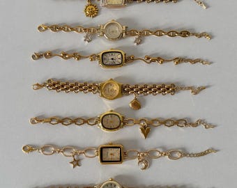 Vintage Gold Watch Bracelet,Unique Dainty Watch,Retro Chain Wristwatches,Statement Jewelry,Charms watch,Gift for Her