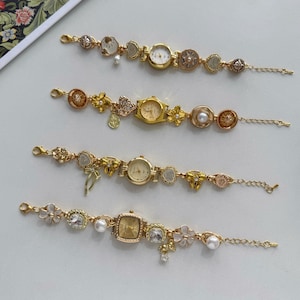 Vintage Gold Watch Bracelet with Pearl & Flower,Elegant Timepiece Jewelry,Retro Charm Bracelet,Delicate wristwatch,Handmade Gift for Her