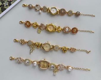 Vintage Gold Watch Bracelet with Pearl & Flower,Elegant Timepiece Jewelry,Retro Charm Bracelet,Delicate wristwatch,Handmade Gift for Her