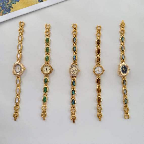 Personalized Handmade Vintage Gemstone Watch Bracelet,Custom Gold Pearl Stone Mini Dial Wristwatch,Elegant Oval Clock Bracelet,Gift for Her