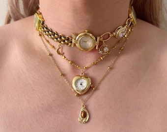Layered Vintage Watch Necklace With Gold Chains, Moon & Star Charms Watch Necklace,Adjustable Fit Mini Dials Choker Necklace,Daily Wear Gift