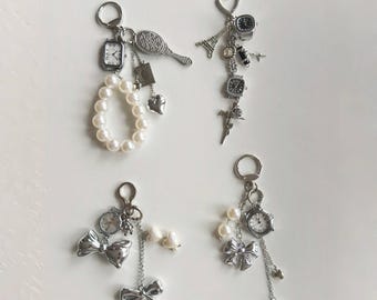 Punk Watch Charms Keychain,Edgy Pearls Clock Bag Chain,Vintage Pants Chain,Watch Ring Charm with Stars and Hearts,Handmade Gift For Her