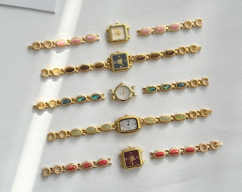 Pulsera de reloj vintage de oro con piedras preciosas de colores personalizada, reloj de pulsera elegante y personalizado para mujer, esfera pequeña de oro minimalista, regalo único y elegante.