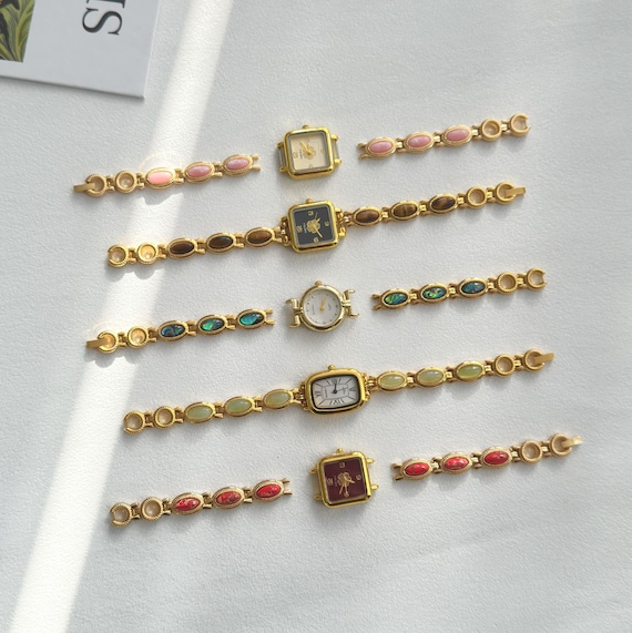 Custom Colorful Gemstone Vintage Gold Watch Bracelet,Personalized Stylish Womens Wristwatch,Minimal Gold Small Dial,Unique Chic Gift