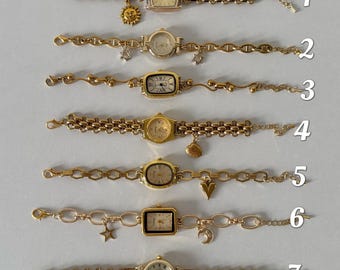 Pulsera de reloj de oro vintage, reloj único y delicado, relojes de pulsera de cadena retro, joyería llamativa, reloj con dijes, regalo para ella