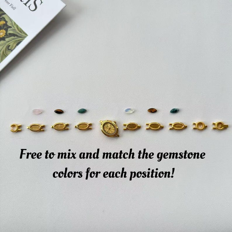 May include: A collection of gold-toned watch components and gemstones arranged on a white surface. The gemstones are in various colors, and the text reads, "Free to mix and match the gemstone colors for each position!"
