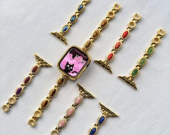 Custom Gemstone Colorful Apple Watch Band,Handmade Vintage Apple Watch Strap,Gold Smartwatch Band With Natural Stones,Fashion Gift for Her