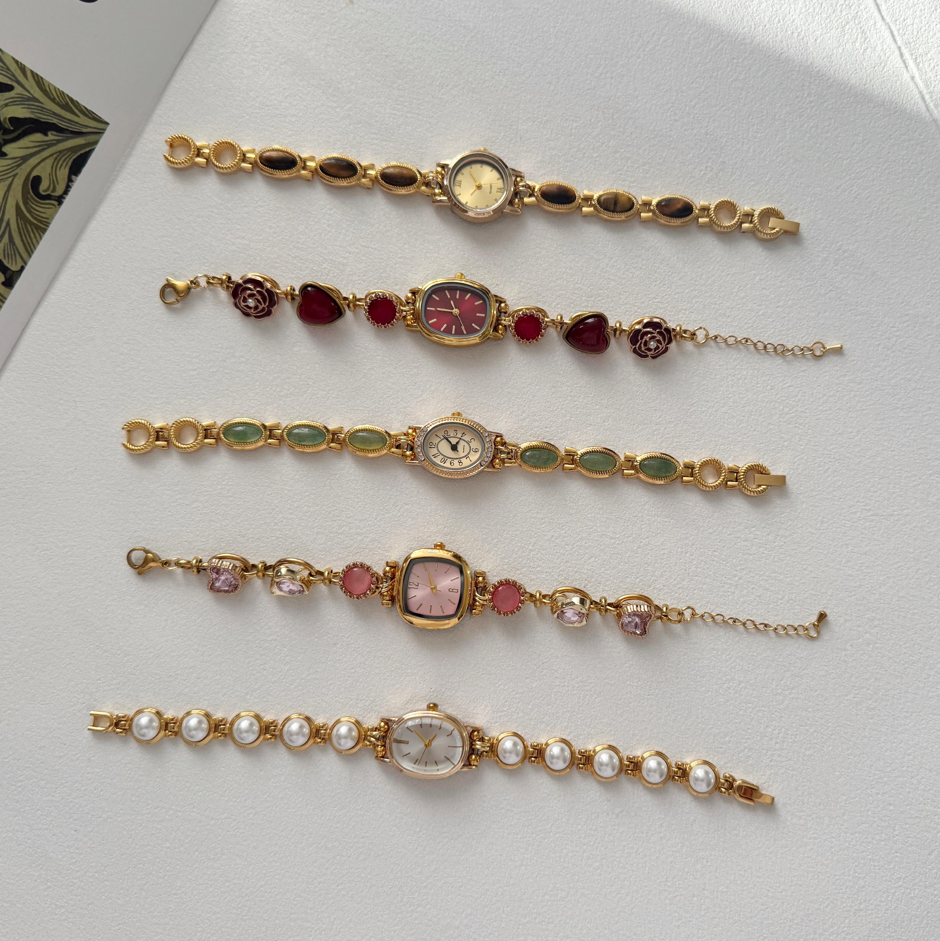 Sku:0463 gold mini watch bracelet with multicoloured natural‎ stones + gift bag Harmonic Hour Multicolored Watch Bracelet | Retro Colorful  main image 2