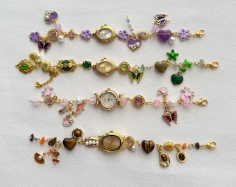 Custom Gold Charm Watch Bracelet,Handmade Pearls & Crystals Wristwatch Bracelet,Colorful Playful Charms,Fairycore Retro Jewelry,Unique Gift