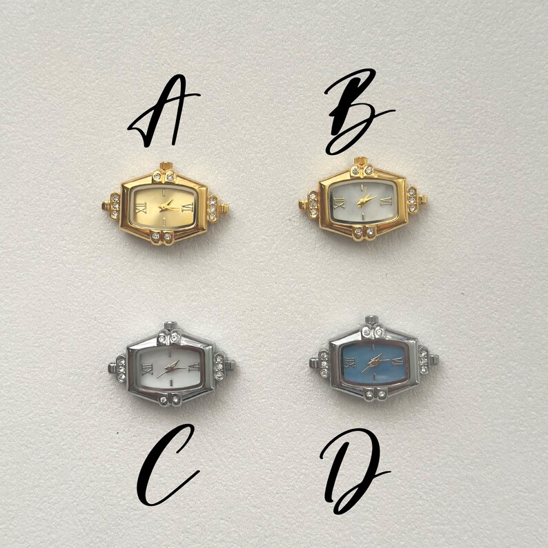 May include: Four small, rectangular watch faces with Roman numeral hour markers. Two are gold-toned with white or gold faces, and two are silver-toned with white or blue faces. The letters A, B, C, and D are written above and below the watches.