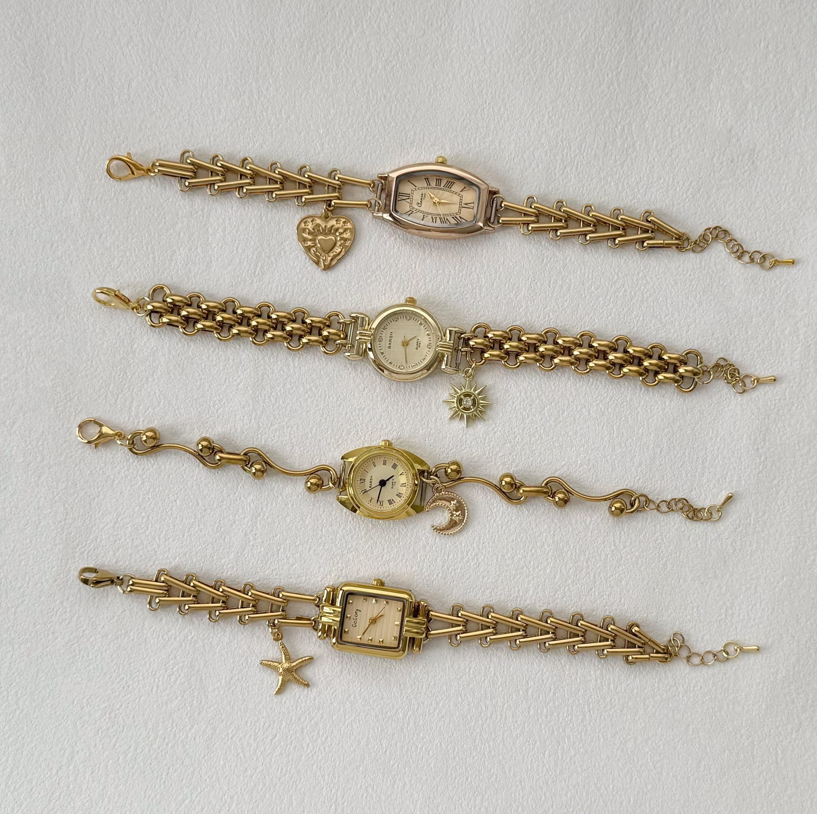 Gold Watch Charm Bracelets,Retro Chain Watch Jewelry with Charms,Working Timepieces,90s Punk Wristwatch Bracelet Gift for Her, Unique Style