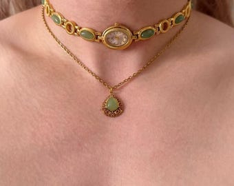 Vintage Layered Nature Gemstone Watch Necklace,Green Oval Gem Links Timepiece Choker Necklace,Minimal Everyday To Event Jewelry,Unique Gift