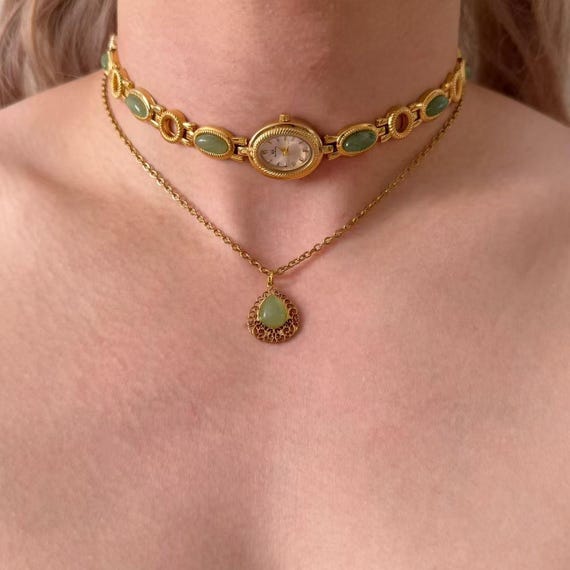 Vintage Layered Nature Gemstone Watch Necklace,Green Oval Gem Links Timepiece Choker Necklace,Minimal Everyday To Event Jewelry,Unique Gift