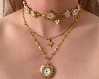 Collar vintage con reloj de varias capas, gargantilla dorada con esfera ovalada y colgante de reloj en forma de corazón, collar gargantilla con cadena y dije de estrella, regalo para ella