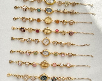 Pulsera de reloj vintage con piedras preciosas doradas, esfera mini retro de ojo de tigre de colores, reloj de pulsera único y elegante para mujer, regalo único.