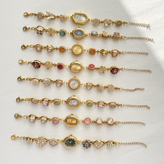 Vintage Gold Gemstone Watch Bracelet,Colorful Tiger Eye Retro Mini Dial Jewelry,Unique Chic Womens Wristwatch,Unique Gift