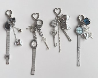 Silver Gothic Watch Keychain,Cute Punk Purse Charm,Vintage Handmade Bag Chain,Y2K Grunge Pants Chain,Heart Lock Punk Key,Unique Gift for Her