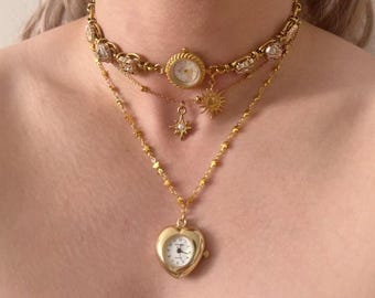Vintage Layered Watch Necklace With Heart Locket Pendant,Retro Glam Layered Clock Necklace,Sun&Star Charms Gold Choker,Unique Gift