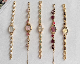 Handgefertigte Vintage Edelstein Uhr Armband, Gold Perle Stein Mini Zifferblatt Armbanduhr, elegante Oval Uhr Armband, Geschenk für Sie