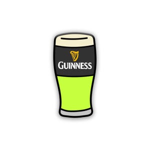May include: A cartoon illustration of a pint glass filled with green liquid. The top section is black with the Guinness logo in gold. The glass has a white foam head and a black outline.