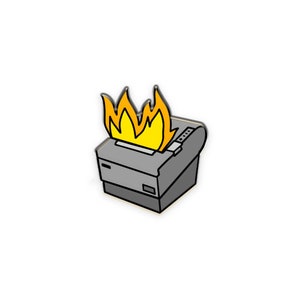 May include: A cartoon illustration of a gray cash register with flames coming out of the top. The flames are yellow and orange.