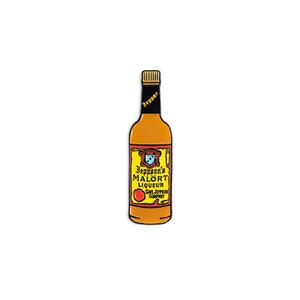 May include: A yellow and red enamel pin of a bottle of Jeppson's Malört Liqueur. The bottle is labelled with the brand name and "Carl Jeppson Company".