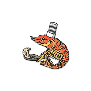 May include: A cartoon shrimp wearing a chef's hat holds a small plate with a shrimp tail on it. The shrimp is orange and yellow with black eyes and a black mouth. The chef's hat is white with a red stripe.