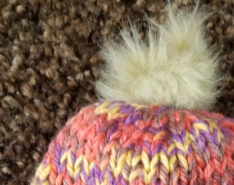 Chunky-Knit Winter Hat - Peach, Yellow and Purple With Adorable Beige Pom-Pom
