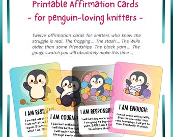 Affirmation Cards For Knitters | 12 Funny Knitting Empowerment Cards | Self-Care Gift | Cute Penguin Illustrations | Printable Download PDF