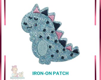 Glitter Dinosaur Iron-On Patch, Colorful Embroidered Applique, DIY Clothing Decoration