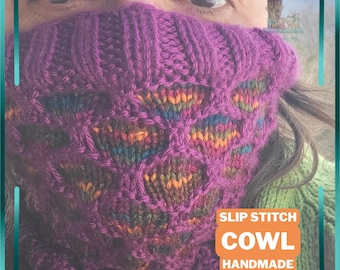 Handmade Knit Slip Stitch Cowl | Colorful Neck Warmer | Cozy Winter Cowl | Gift for Her | Hand Knitted Cowl Scarf | Unique Knit Gift