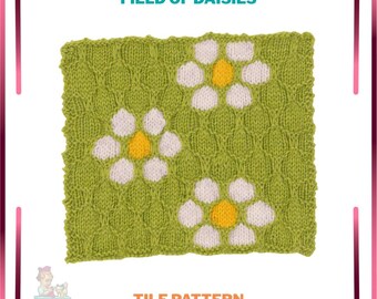 Field of Daisies Knitting Pattern | Intermediate Knit Square PDF | Flower Tile Repeat Pattern Instant Download | Floral Daisy Square