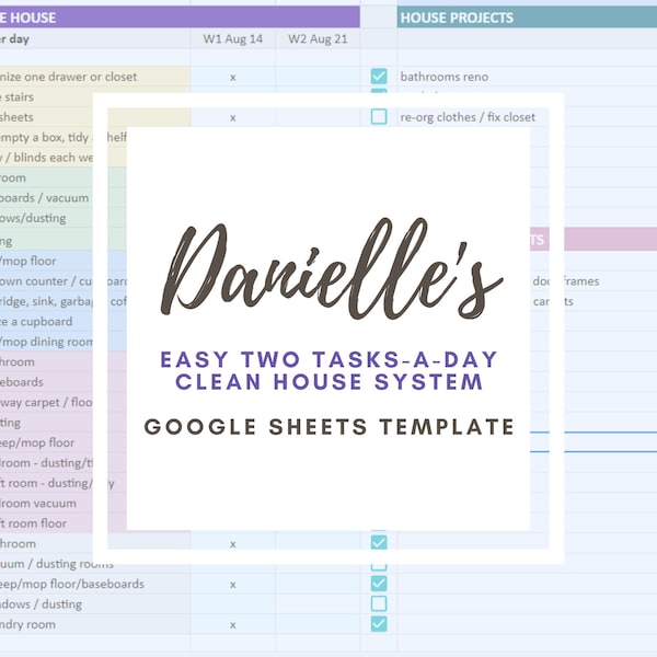 Clean House Organizer | Danielle's Easy Two Tasks-A-Day Clean House System | Google Sheets Template | House Cleaning | Home Organization