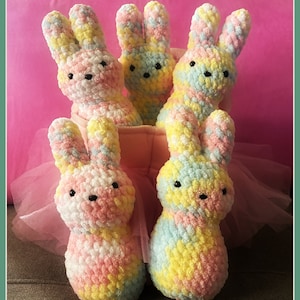Easter Basket Special: Adorable Custom Made Plush Bunny Gifts From Soft Blanket Yarn - Rainbow Pastel Yellow, Pink, Blue & White.
