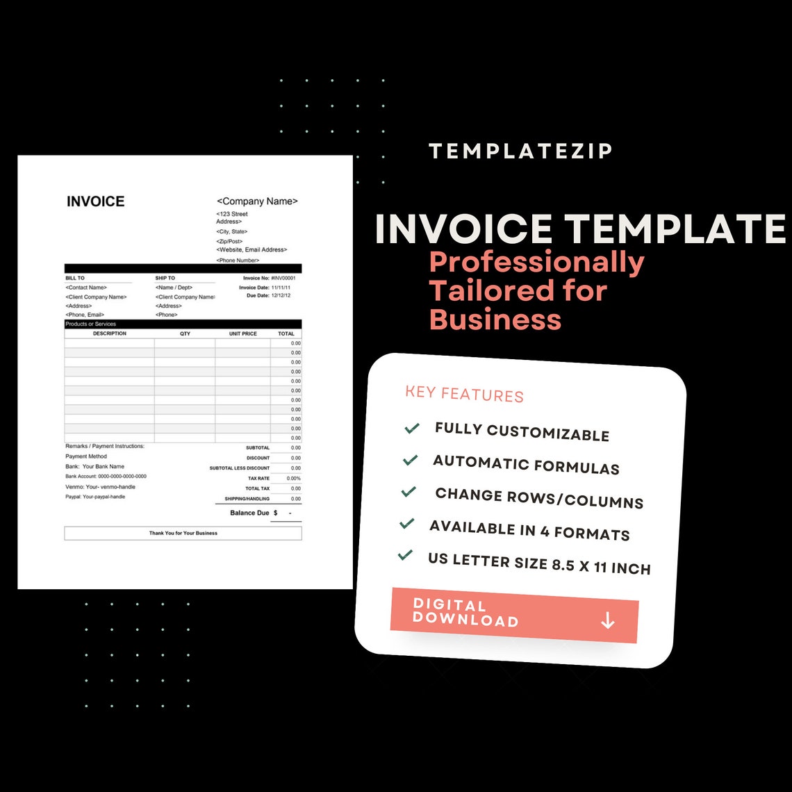 Modern Invoice Template Ms Word Excel Pdf Customizable Etsy