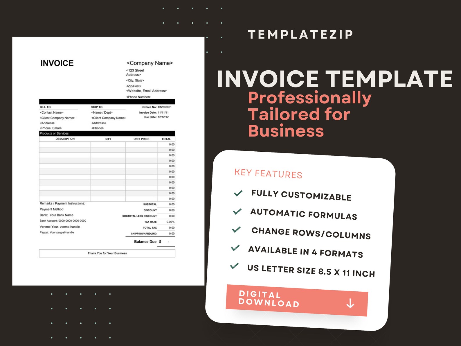 Invoice Template Professional Modern Invoice Microsoft WORD and EXCEL ...