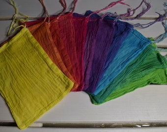 1 Dozen Hand Dyed Cotton Gift Bags 12 Step Rainbow Colors Gradient Rainwater Rinsed   5" x 7"    (03)