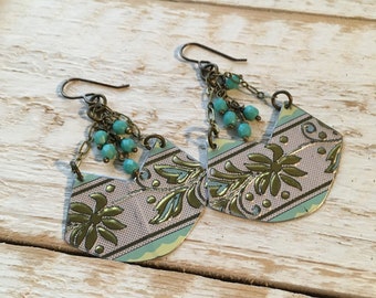 Gold floral pastel vintage tin earrings