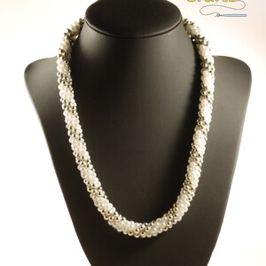 Handmade White and Silver Beaded Crochet Necklace With Optional Matching Beaded Crochet Bracelet & Earrings | Unique Bridal Jewelry Set