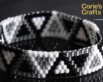 Silver Black and White Triangle Elastic Peyote Cuff Beaded Bracelet | Geometric Bracelet | Handmade Beaded Bracelet | Unique Gift for Her