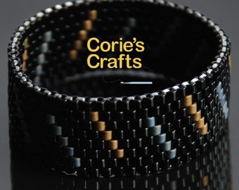 Handmade Black Silver and Gold Diagonal Elastic Peyote Cuff Beaded Bracelet | Handwoven Jewelry Set | Handmade Beaded Bracelet | Unique Gift